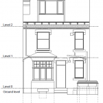 Elevational line drawing of house