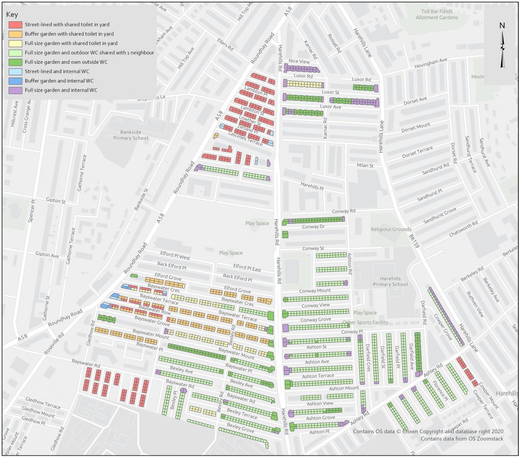 Characterisation map of the Harehills Triangle showing the amenities that each house had on construction