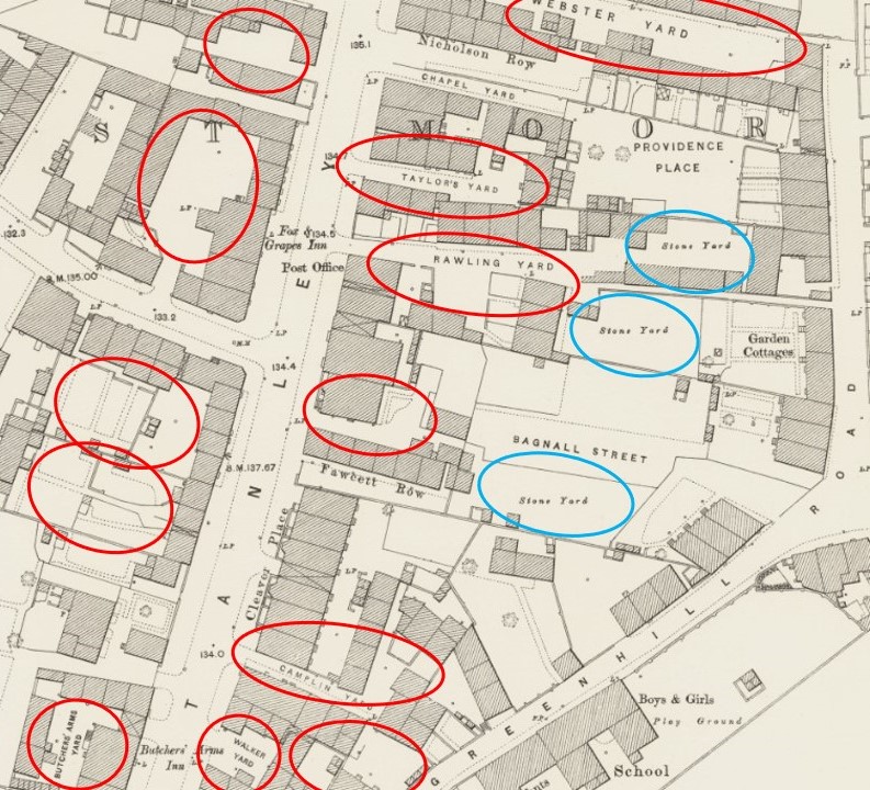 Map highlighting the yards in Eastmoor in 1888