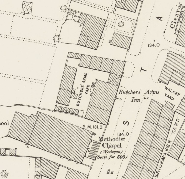 Historic map of Stanley Road with the Butcher's Arms Inn at the centre
