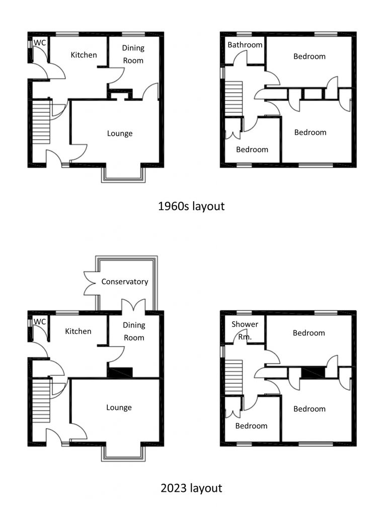 Plans of a spooner house from the 1960s and 2023